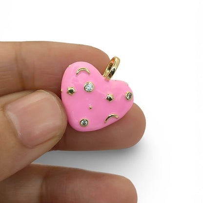 Pink Enamel Celestial CZ Heart Pendant in 18K Gold Plated Finish – Galaxy Star & Moon Inlay DIY Jewelry Charm- Selling Per Piece