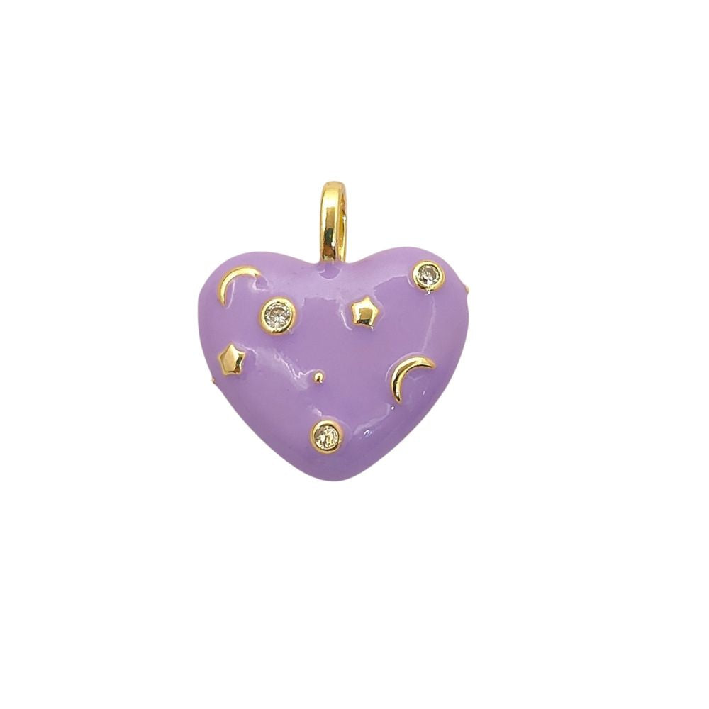 18K Gold Plated Purple Enamel Heart Charm with CZ Inlay – Celestial Galaxy Star & Moon Pendant for DIY Jewelry Making- Selling Per Piece