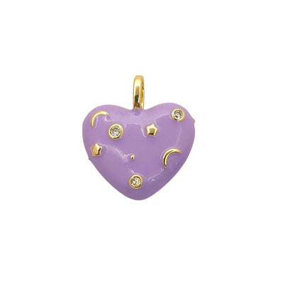 18K Gold Plated Purple Enamel Heart Charm with CZ Inlay – Celestial Galaxy Star & Moon Pendant for DIY Jewelry Making- Selling Per Piece