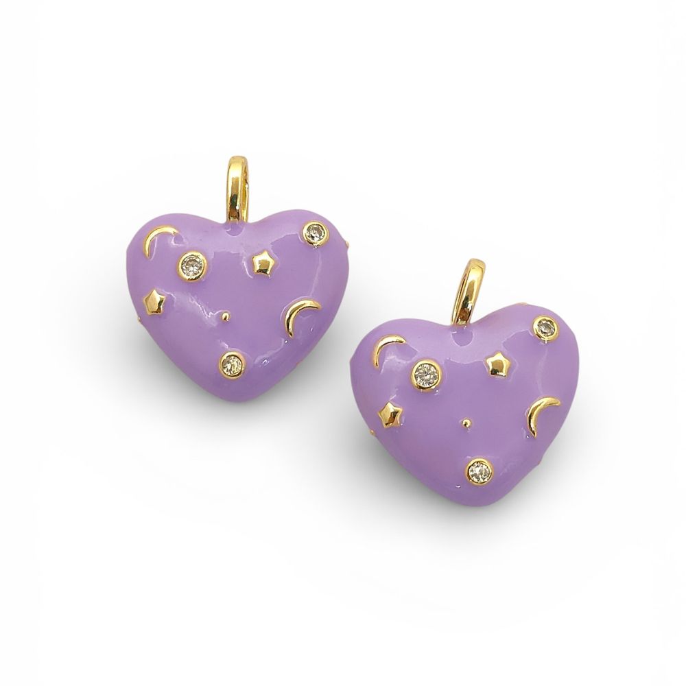 18K Gold Plated Purple Enamel Heart Charm with CZ Inlay – Celestial Galaxy Star & Moon Pendant for DIY Jewelry Making- Selling Per Piece