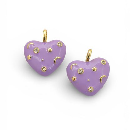 18K Gold Plated Purple Enamel Heart Charm with CZ Inlay – Celestial Galaxy Star & Moon Pendant for DIY Jewelry Making- Selling Per Piece