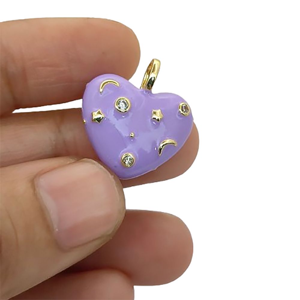 18K Gold Plated Purple Enamel Heart Charm with CZ Inlay – Celestial Galaxy Star & Moon Pendant for DIY Jewelry Making- Selling Per Piece