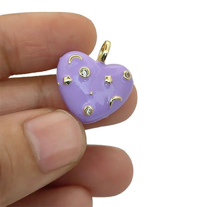 18K Gold Plated Purple Enamel Heart Charm with CZ Inlay – Celestial Galaxy Star & Moon Pendant for DIY Jewelry Making- Selling Per Piece