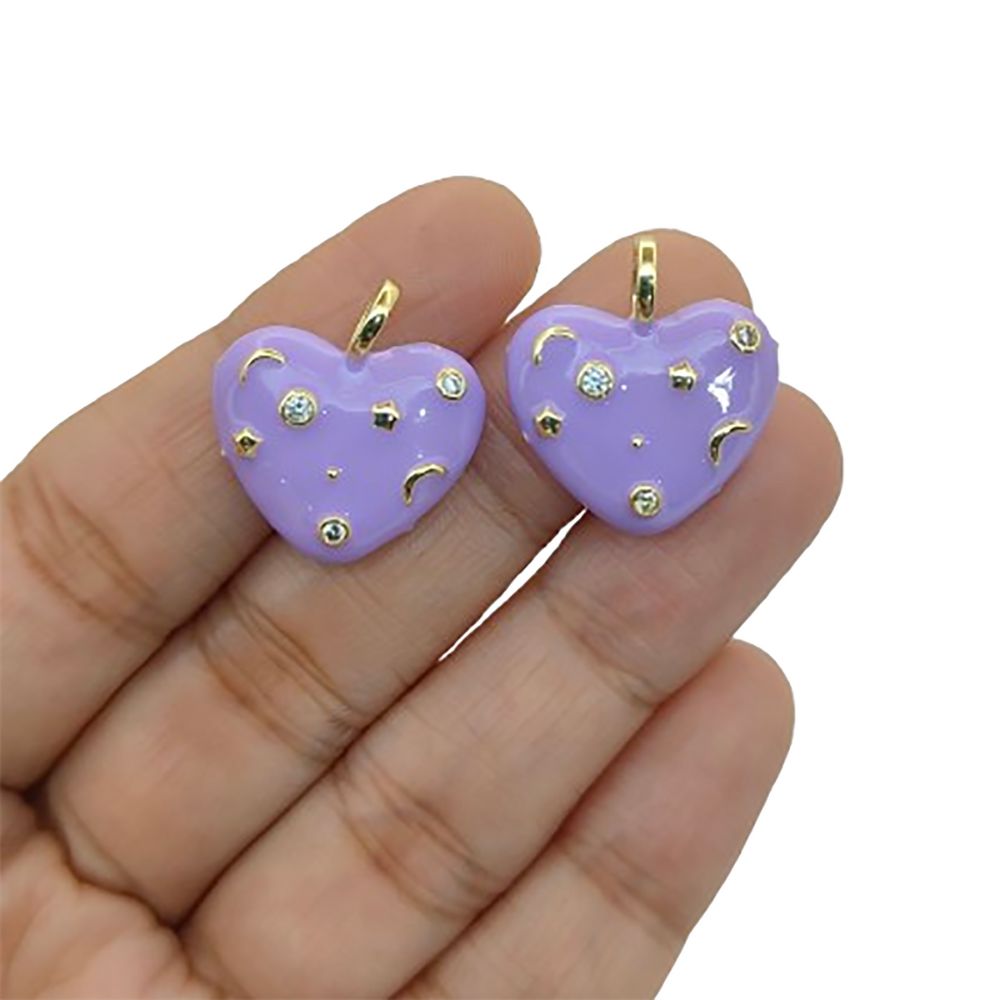 18K Gold Plated Purple Enamel Heart Charm with CZ Inlay – Celestial Galaxy Star & Moon Pendant for DIY Jewelry Making- Selling Per Piece