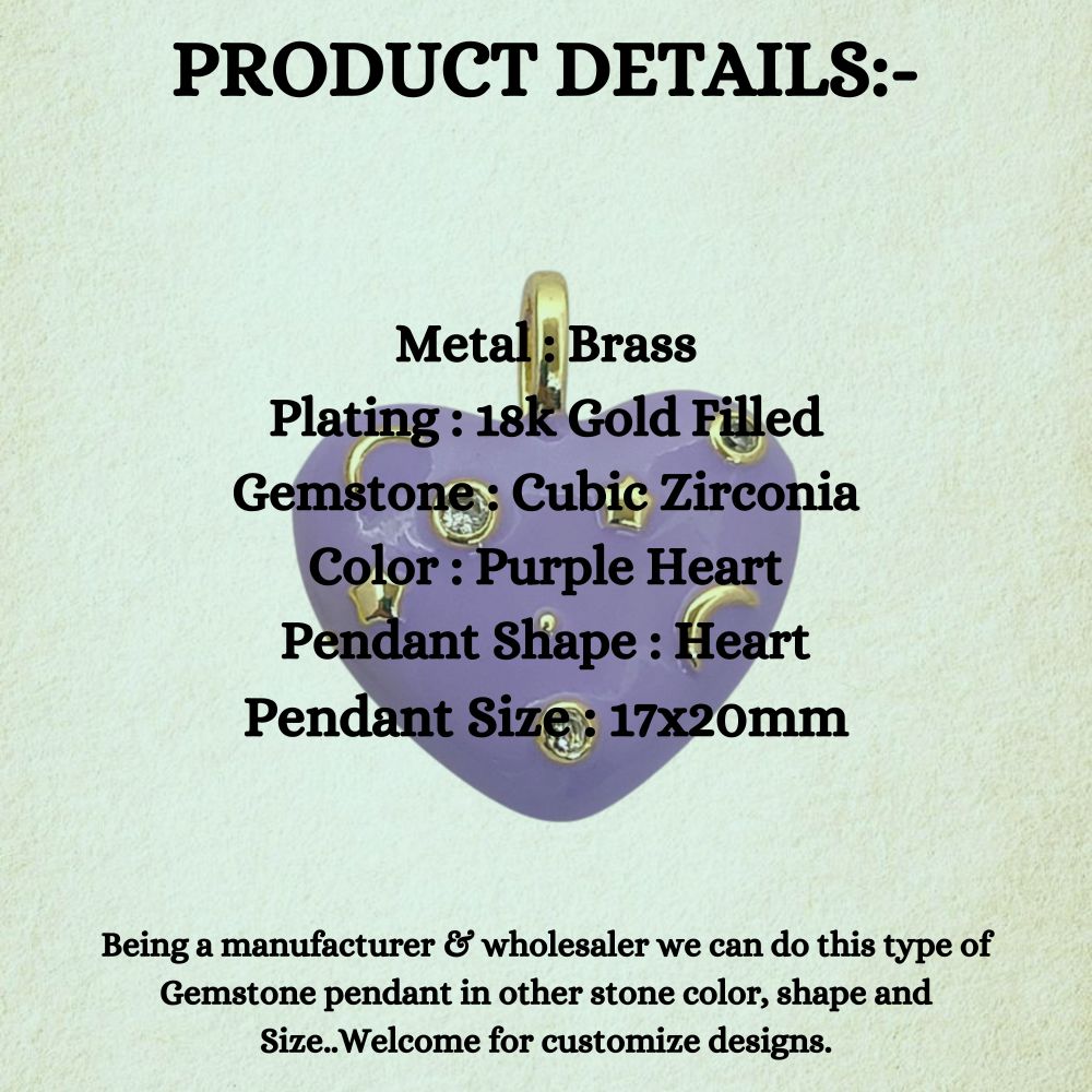 18K Gold Plated Purple Enamel Heart Charm with CZ Inlay – Celestial Galaxy Star & Moon Pendant for DIY Jewelry Making- Selling Per Piece