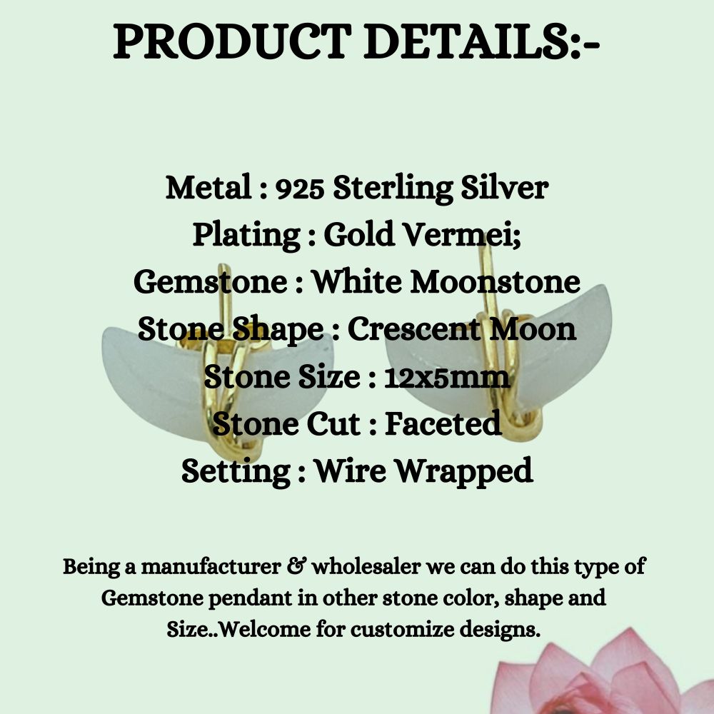 Celestial White Moonstone Crescent Stud Earrings, Dainty Gold Plated Half Moon Gemstone Jewelry- Selling Per Pair