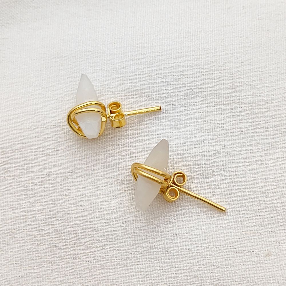 Celestial White Moonstone Crescent Stud Earrings, Dainty Gold Plated Half Moon Gemstone Jewelry- Selling Per Pair