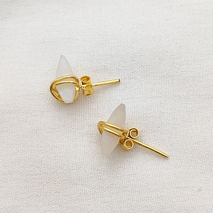 Celestial White Moonstone Crescent Stud Earrings, Dainty Gold Plated Half Moon Gemstone Jewelry- Selling Per Pair