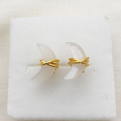 Celestial White Moonstone Crescent Stud Earrings, Dainty Gold Plated Half Moon Gemstone Jewelry- Selling Per Pair