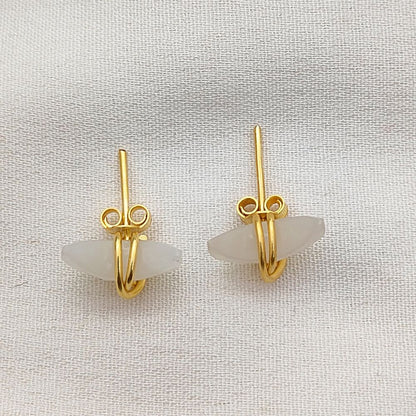 Celestial White Moonstone Crescent Stud Earrings, Dainty Gold Plated Half Moon Gemstone Jewelry- Selling Per Pair