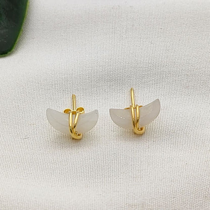 Celestial White Moonstone Crescent Stud Earrings, Dainty Gold Plated Half Moon Gemstone Jewelry- Selling Per Pair