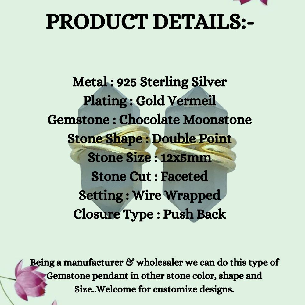 Handcrafted Chocolate Moonstone Stud Earrings, Elegant 12x5mm Gold Vermeil Gemstone Jewelry – Selling Per Pair