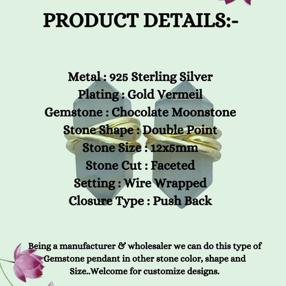 Handcrafted Chocolate Moonstone Stud Earrings, Elegant 12x5mm Gold Vermeil Gemstone Jewelry – Selling Per Pair