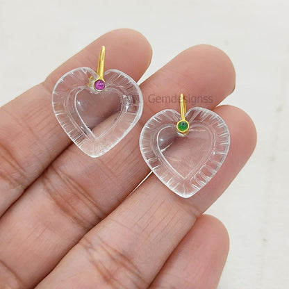 Clear Quartz Heart Carved Pendant in 925 Sterling Silver April Birthstone Gemstone Charm for Jewelry Making- Selling Per Piece