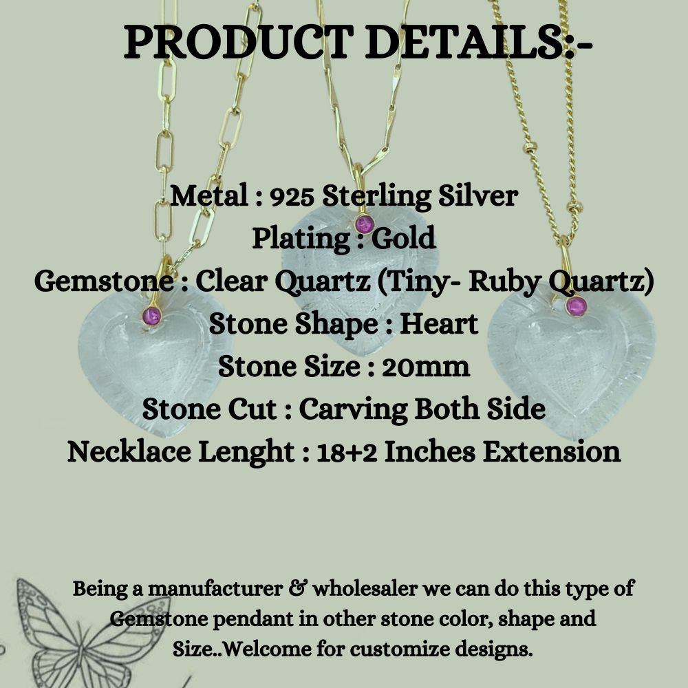 Clear Quartz Heart Gemstone Pendant for Necklace with Gold Plated Fancy Pinch Bail Dainty Minimalist Crystal Jewelry