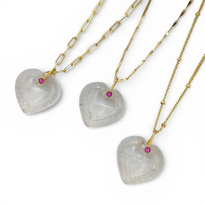 Clear Quartz Heart Gemstone Pendant for Necklace with Gold Plated Fancy Pinch Bail Dainty Minimalist Crystal Jewelry