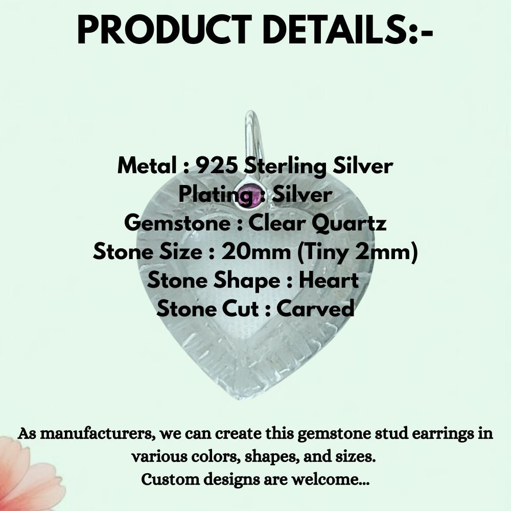 Clear Quartz Heart Pendant in 925 Silver, Handcrafted Carved Charm for Jewelry Making
