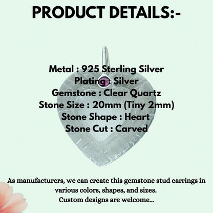 Clear Quartz Heart Pendant in 925 Silver, Handcrafted Carved Charm for Jewelry Making