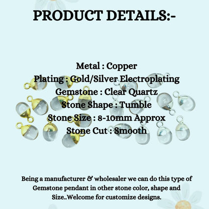 Clear Quartz Pendant Spike 8–10mm Crystal Charm with Gold/Silver Electroplated Cap for Jewellery DIY Necklace Bracelet