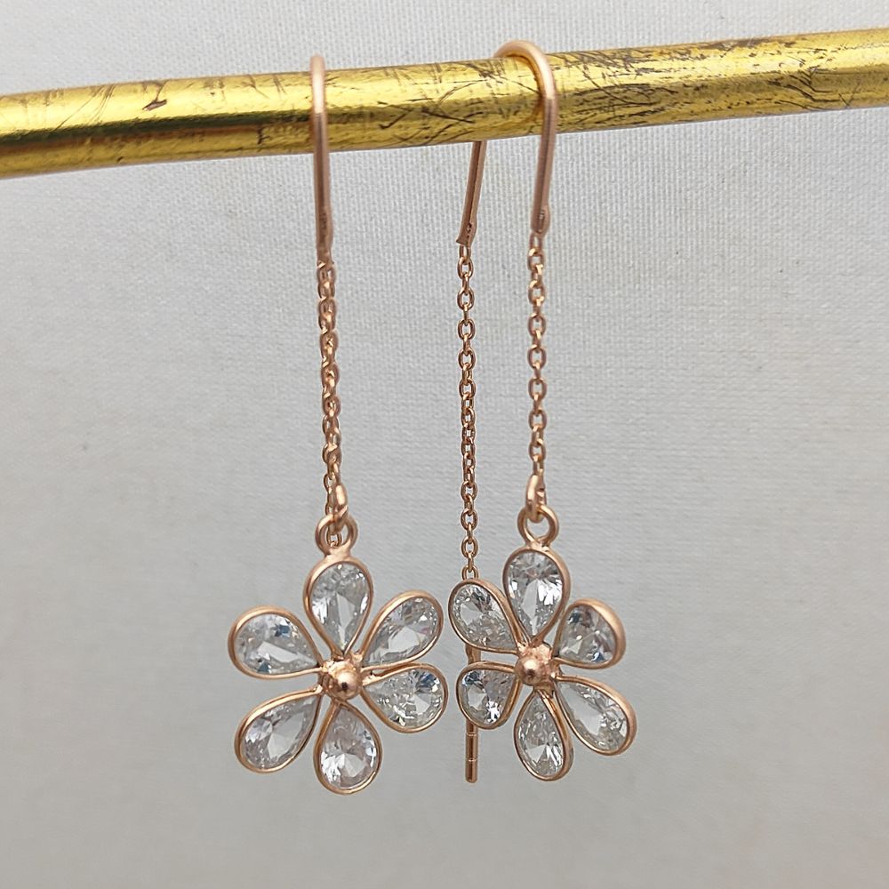 Elegant Clear CZ Threader Earrings | Pear Drop Design in Rose Gold over Sterling Silver
