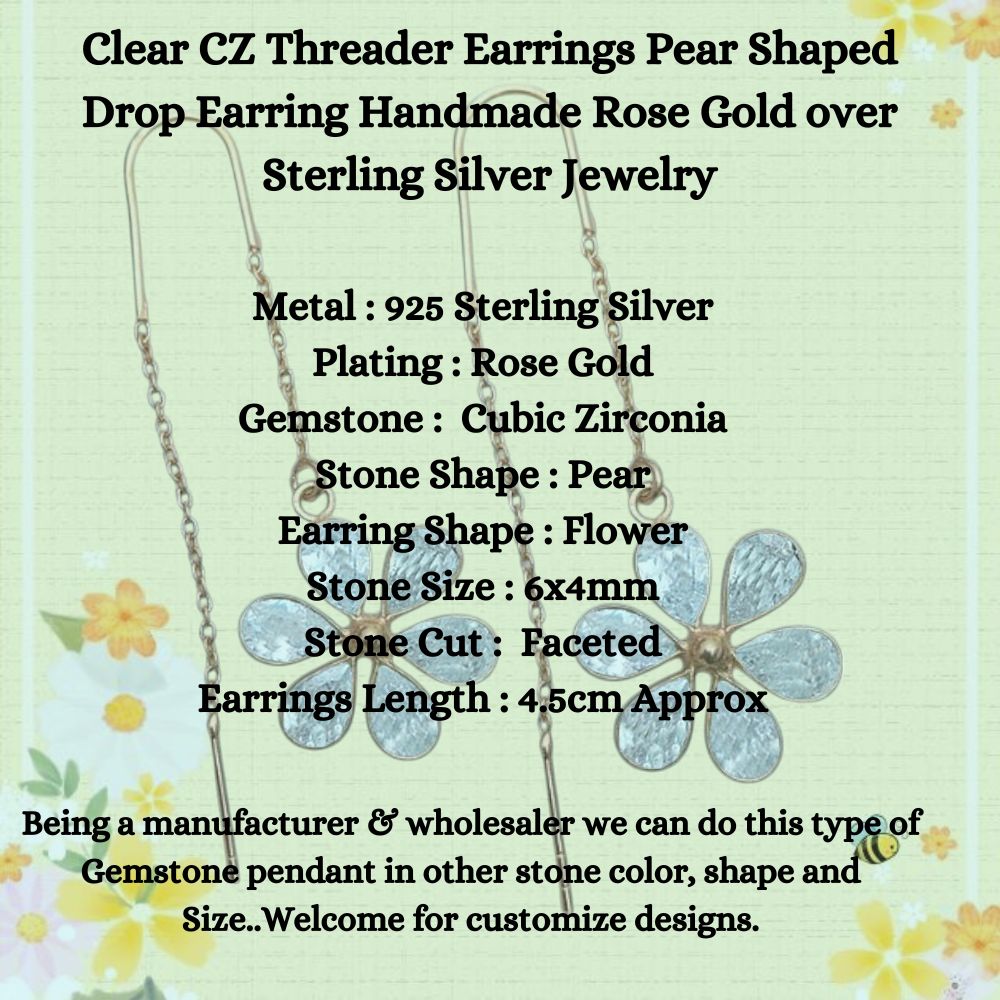 Clear CZ Pear Drop Threader Earrings | Handmade Rose Gold over Sterling Silver Jewelry