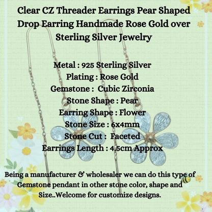 Clear CZ Pear Drop Threader Earrings | Handmade Rose Gold over Sterling Silver Jewelry