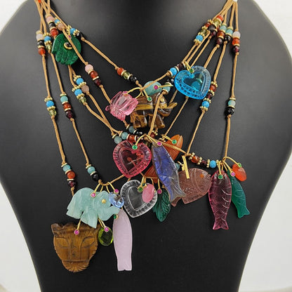 Colourful Round Multi Gemstone Necklace Handmade Hand Knotted Daisy Flower Spacer Beads Adjustable Summer Jewellery