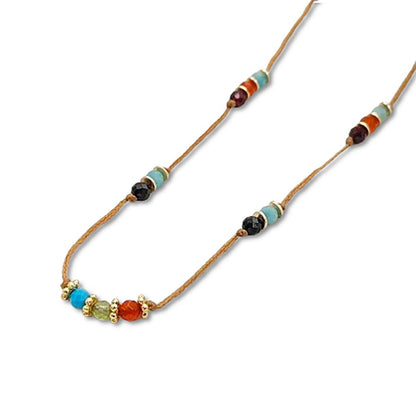 Colourful Round Multi Gemstone Necklace Handmade Hand Knotted Daisy Flower Spacer Beads Adjustable Summer Jewellery