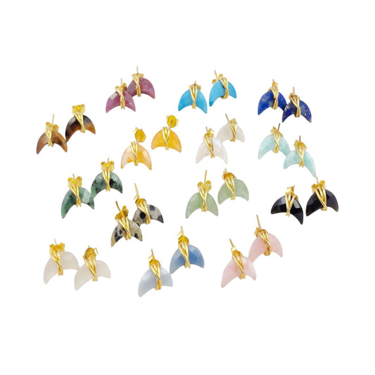 Gold Plated Half Moon Crescent Gemstone Studs Tiny Handmade Earrings for Women Minimalist Celestial Jewelry- Selling Per Pair