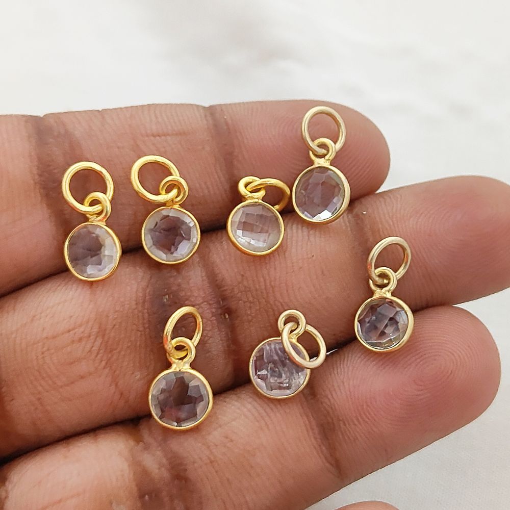 Crystal Quartz Necklace Charm Handmade 6mm Faceted Gemstone Bezel Pendant in Gold Vermeil & 925 Sterling Silver- Selling Per Piece