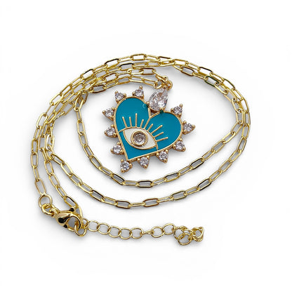18K Gold Plated Enamel Heart Evil Eye Necklace with CZ Dainty Handmade Minimalist Jewelry for Women- Selling Per Necklace