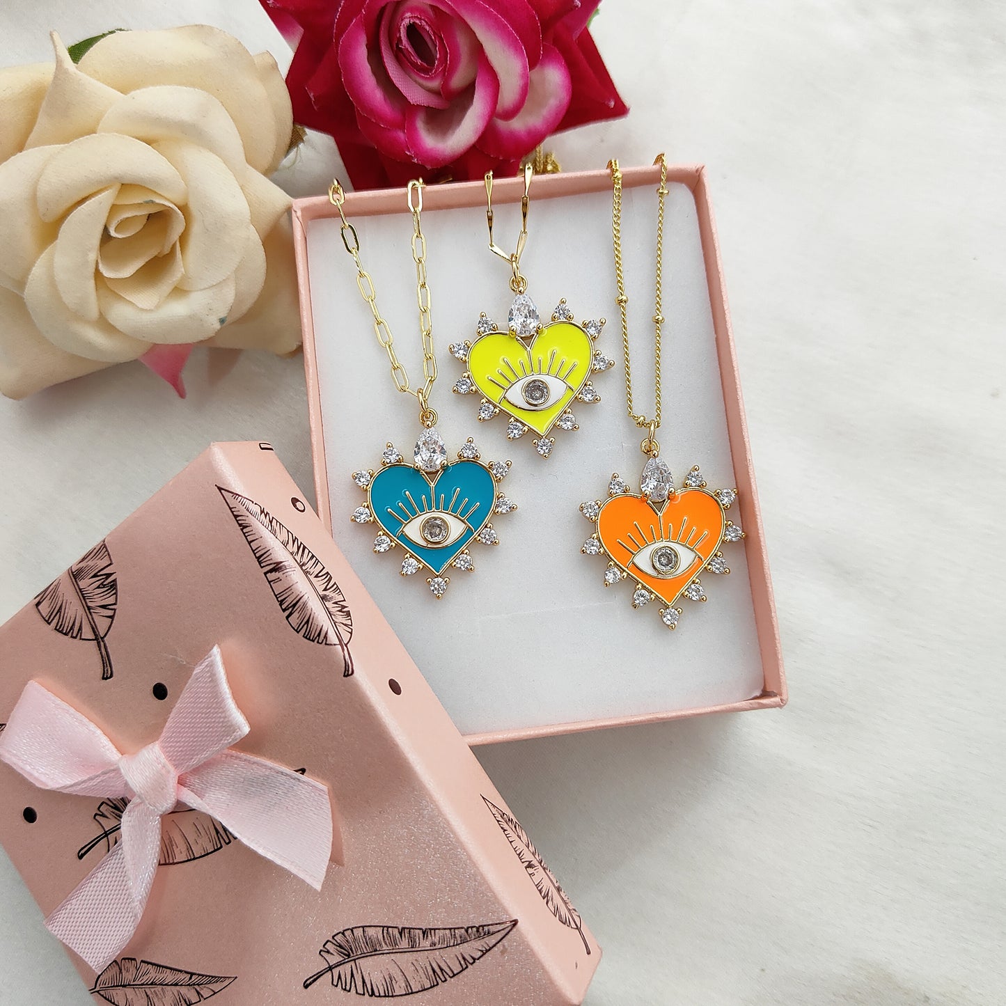 18K Gold Plated Enamel Heart Evil Eye Necklace with CZ Dainty Handmade Minimalist Jewelry for Women- Selling Per Necklace