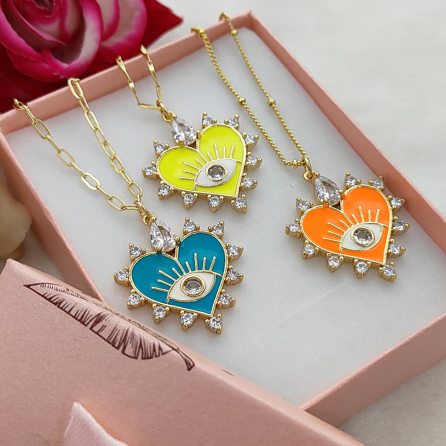 18K Gold Plated Enamel Heart Evil Eye Necklace with CZ Dainty Handmade Minimalist Jewelry for Women- Selling Per Necklace