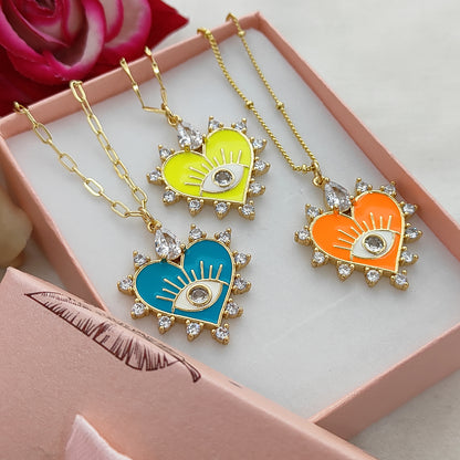 18K Gold Plated Enamel Heart Evil Eye Necklace with CZ Dainty Handmade Minimalist Jewelry for Women- Selling Per Necklace