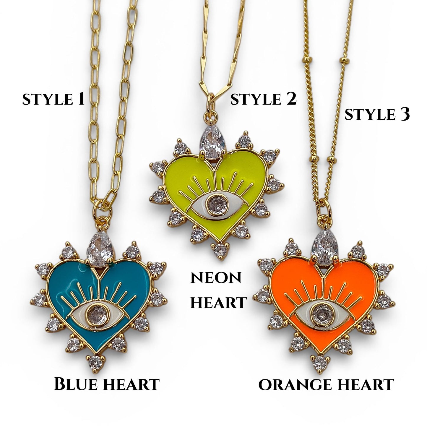 18K Gold Plated Enamel Heart Evil Eye Necklace with CZ Dainty Handmade Minimalist Jewelry for Women- Selling Per Necklace