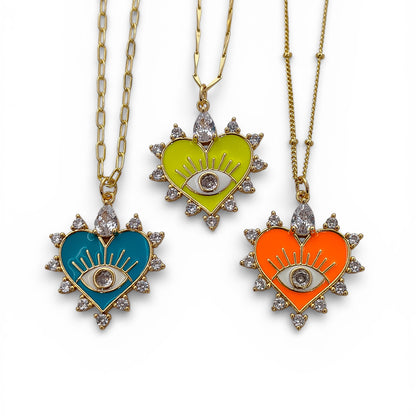 18K Gold Plated Enamel Heart Evil Eye Necklace with CZ Dainty Handmade Minimalist Jewelry for Women- Selling Per Necklace