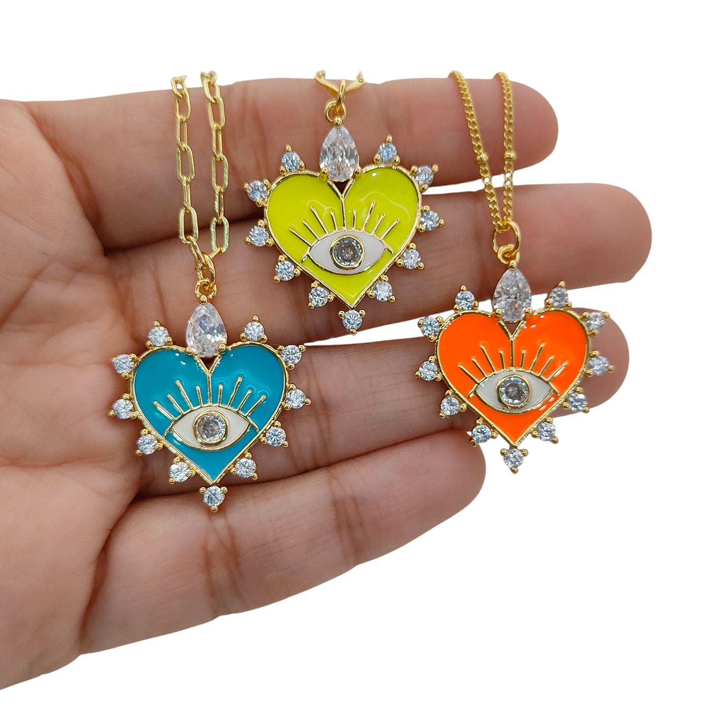 18K Gold Plated Enamel Heart Evil Eye Necklace with CZ Dainty Handmade Minimalist Jewelry for Women- Selling Per Necklace
