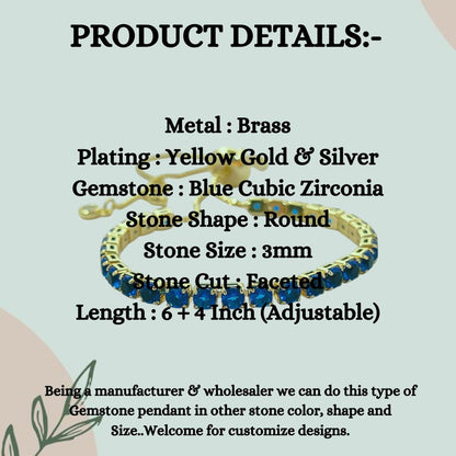 Dainty Blue Cubic Zirconia Tennis Bracelet 18K Gold Plated Prong Set Adjustable Elegant Women Jewelry – Selling Per Piece