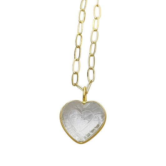 Dainty Clear Quartz Heart Gemstone Necklace Hand-Carved Pendant on Gold Paperclip Chain Jewelry Gift- Selling Per Piece