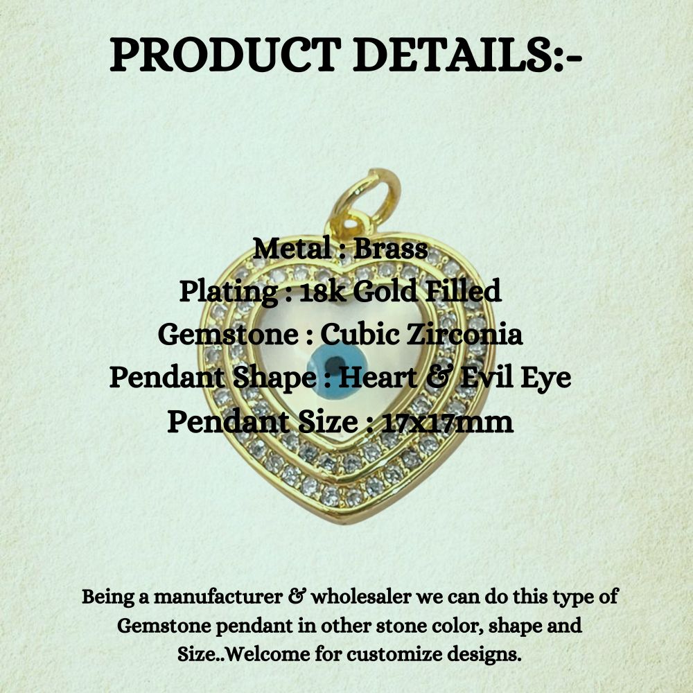 Dainty Enamel Evil Eye Heart Pendant in 18K Gold Plated Finish with Micro Pavé CZ, DIY Handmade Jewelry Charm- Selling Per Piece