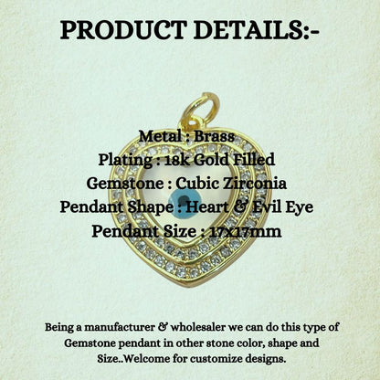 Dainty Enamel Evil Eye Heart Pendant in 18K Gold Plated Finish with Micro Pavé CZ, DIY Handmade Jewelry Charm- Selling Per Piece