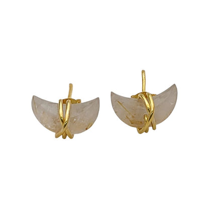 Dainty Golden Rutile Crescent Stud Earrings Gold Plated Half Moon Gemstone Jewelry for Women- Selling Per Piece
