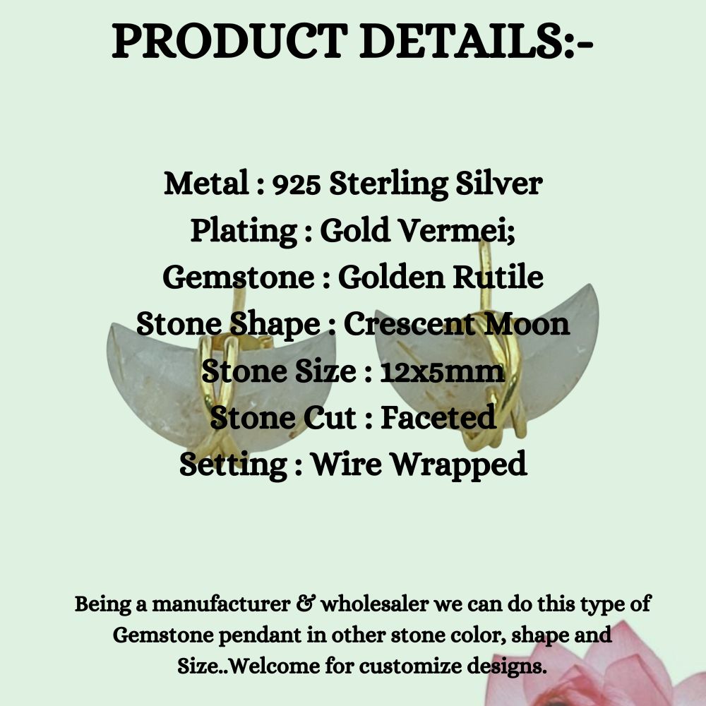 Dainty Golden Rutile Crescent Stud Earrings Gold Plated Half Moon Gemstone Jewelry for Women- Selling Per Piece