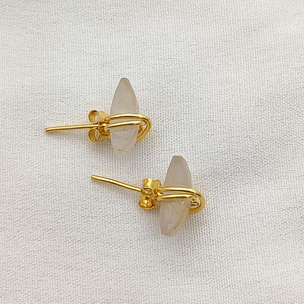 Dainty Golden Rutile Crescent Stud Earrings Gold Plated Half Moon Gemstone Jewelry for Women- Selling Per Piece