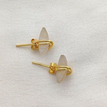 Dainty Golden Rutile Crescent Stud Earrings Gold Plated Half Moon Gemstone Jewelry for Women- Selling Per Piece
