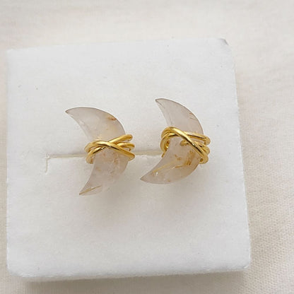 Dainty Golden Rutile Crescent Stud Earrings Gold Plated Half Moon Gemstone Jewelry for Women- Selling Per Piece