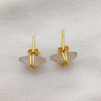 Dainty Golden Rutile Crescent Stud Earrings Gold Plated Half Moon Gemstone Jewelry for Women- Selling Per Piece
