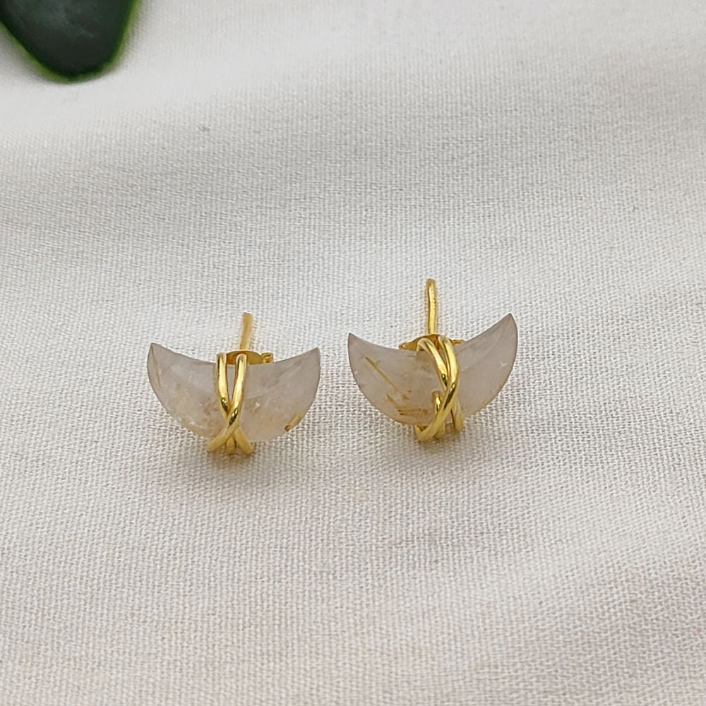 Dainty Golden Rutile Crescent Stud Earrings Gold Plated Half Moon Gemstone Jewelry for Women- Selling Per Piece