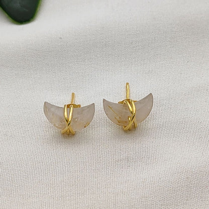Dainty Golden Rutile Crescent Stud Earrings Gold Plated Half Moon Gemstone Jewelry for Women- Selling Per Piece