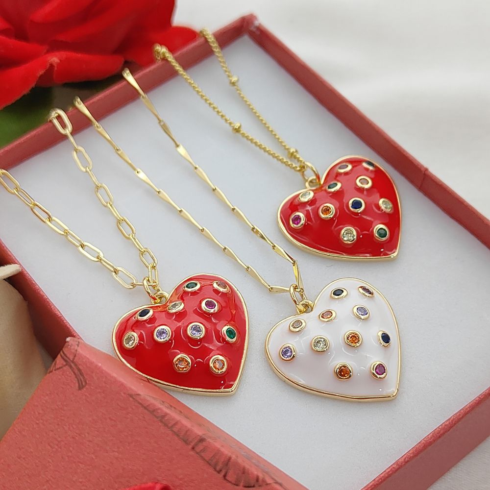 Dainty Handmade Red & White Enamel Heart Necklace with CZ Inlay 18K Gold Plated Love Pendant – Selling Per Piece